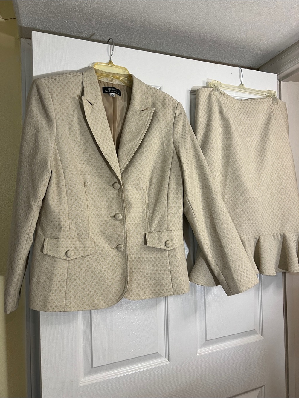 Le Suit Cream Textured Peplum Skirt Blazer Set